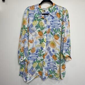 Rose + Olive Sz 3X Blouse Top Tropical Orange Yellow Blue Fish 3/4 Sleeve New